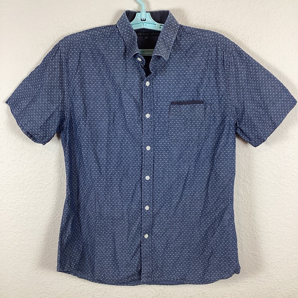 Impatient Wolves Mens Button Up Shirt Sz M Short Sleeve Blue Polka Dot Excellent